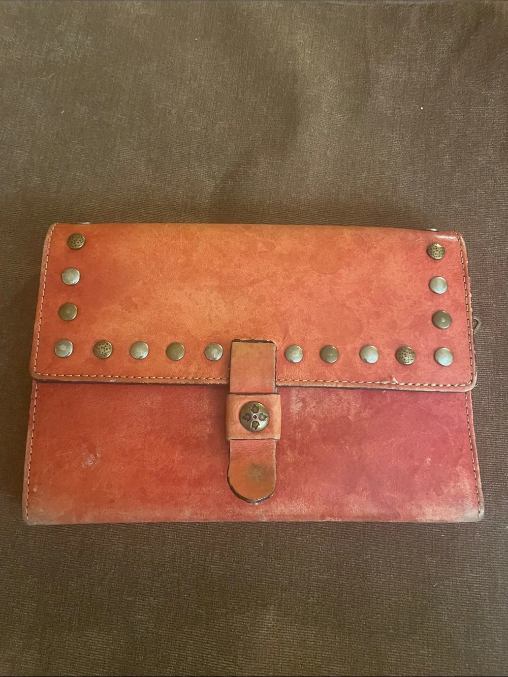 Patricia Nash Weathered Studded Leather Wallet/Clutch in Distressed Burnt Orange